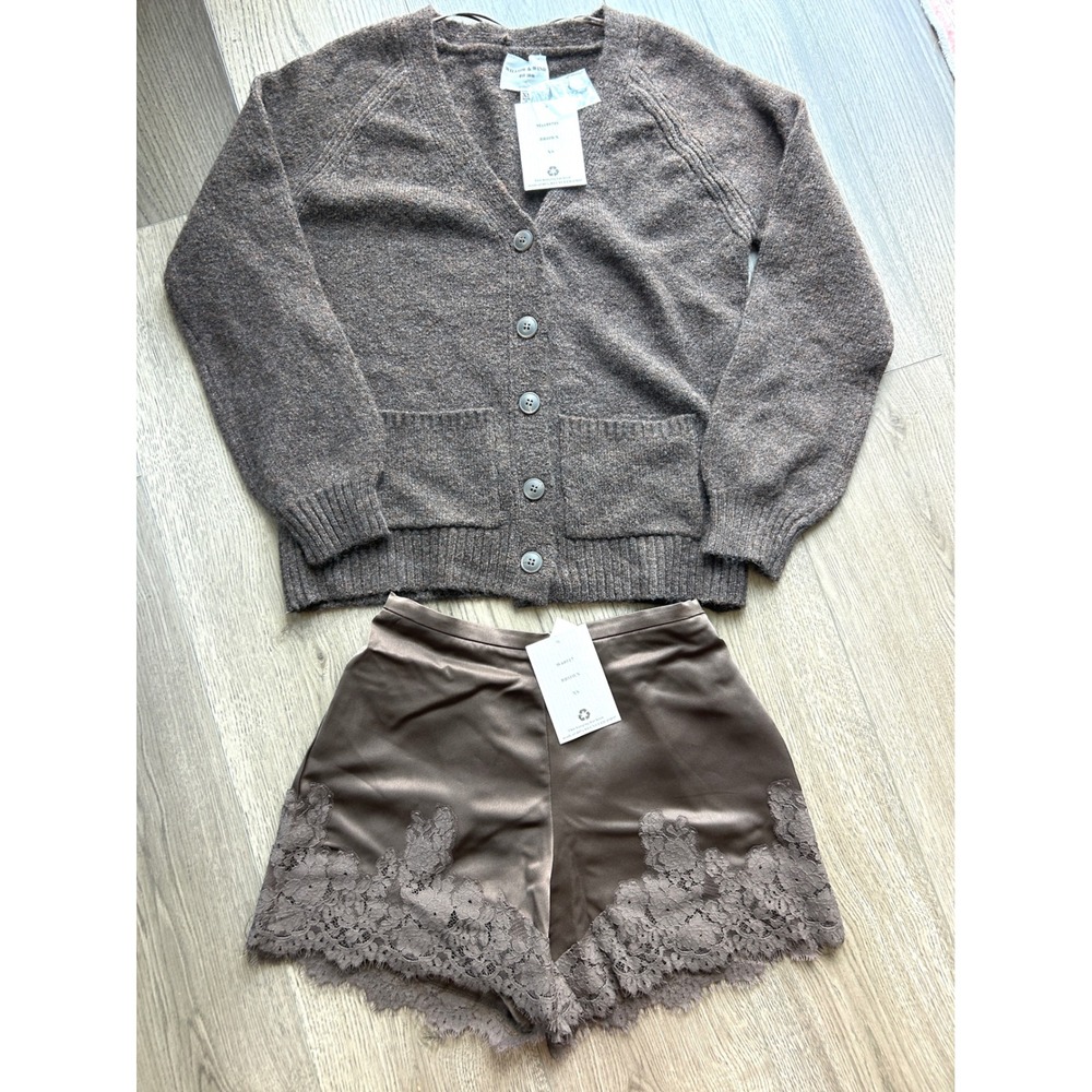 Willow & Wind Brown Knit Cardigan and Lace Trim Satin Shorts Set NWT size XS